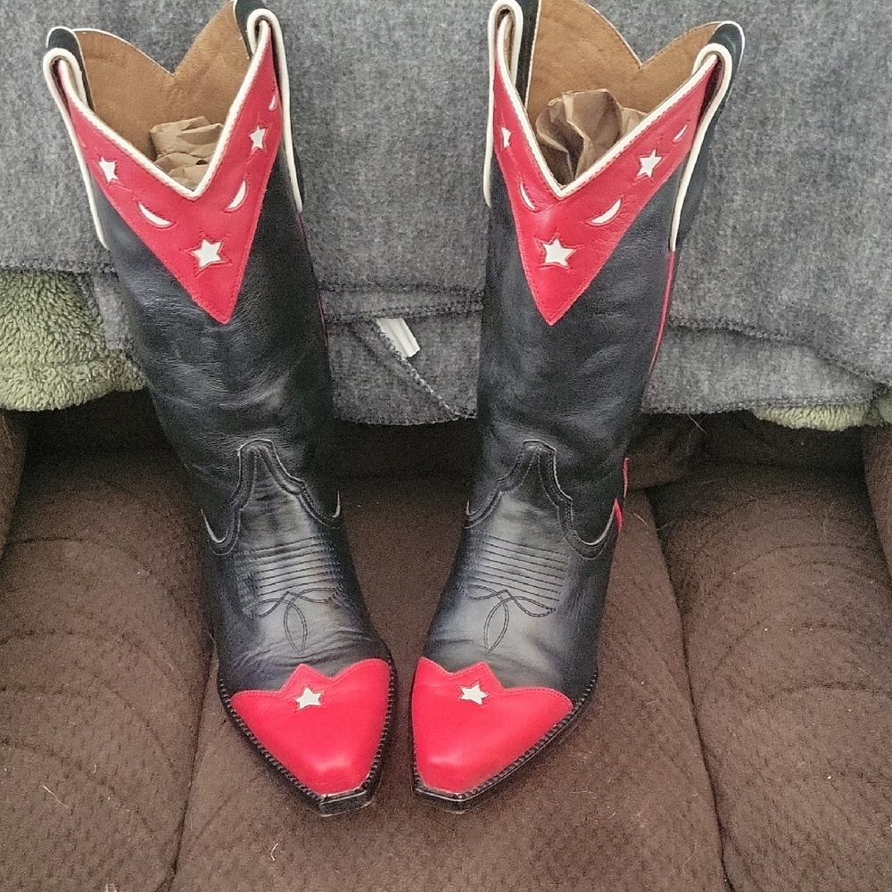 Women's Black and Red Star & Moon Leather Heeled Cowboy Boots